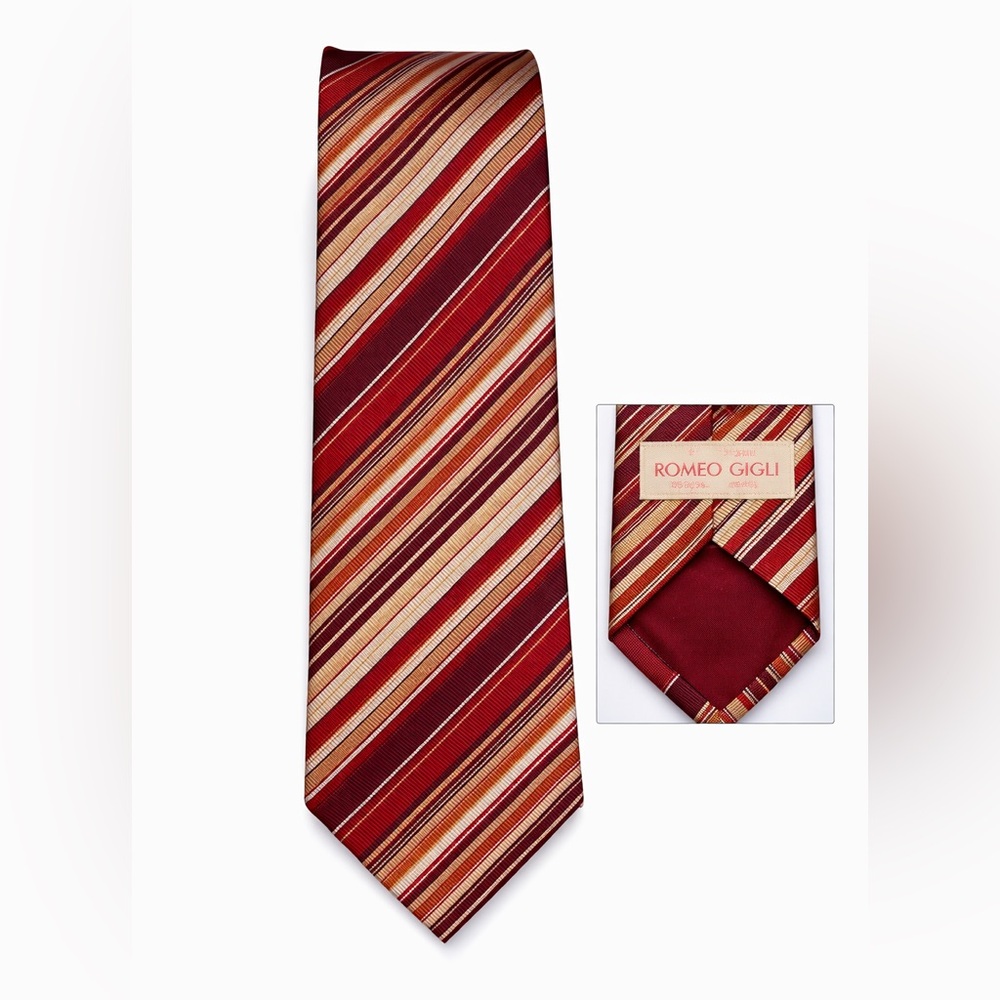 Romeo Gigli Men’s 100% Silk Tie Burgundy Red Striped Made Italy